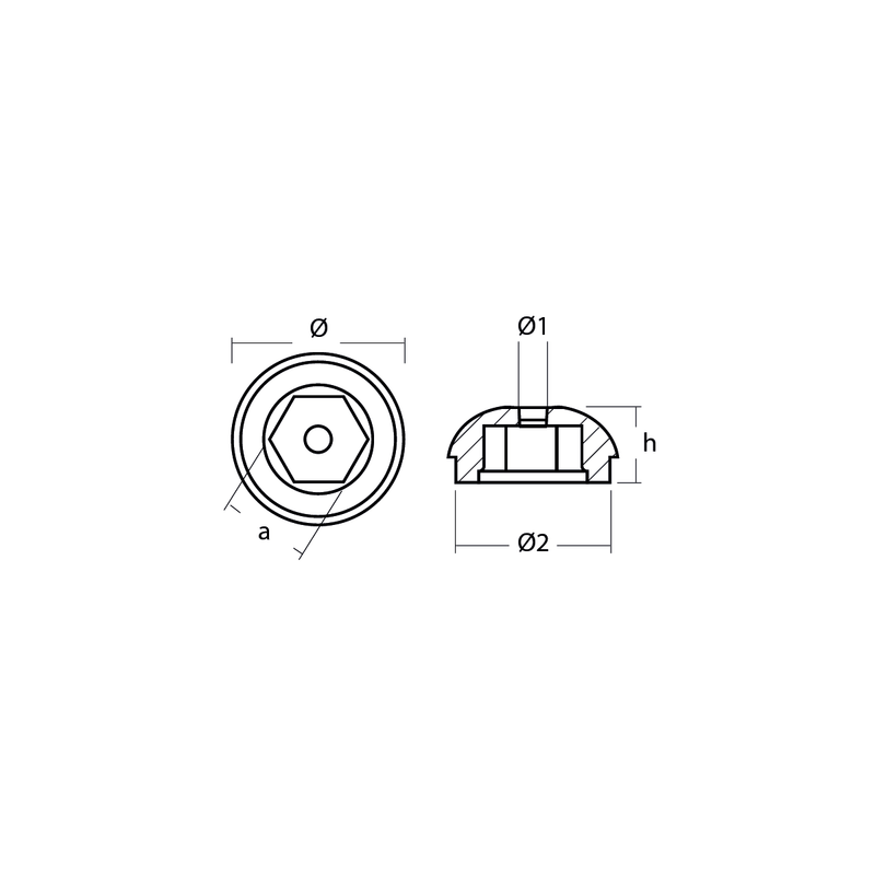 Magnesiumanod Sidepower - Sleipner propeller nut Ø45 H.20 - AnodeFactory
